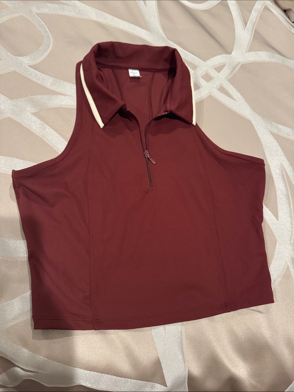 Sleeveless Zip Polo Crop Top in Burgundy with Cream Trim